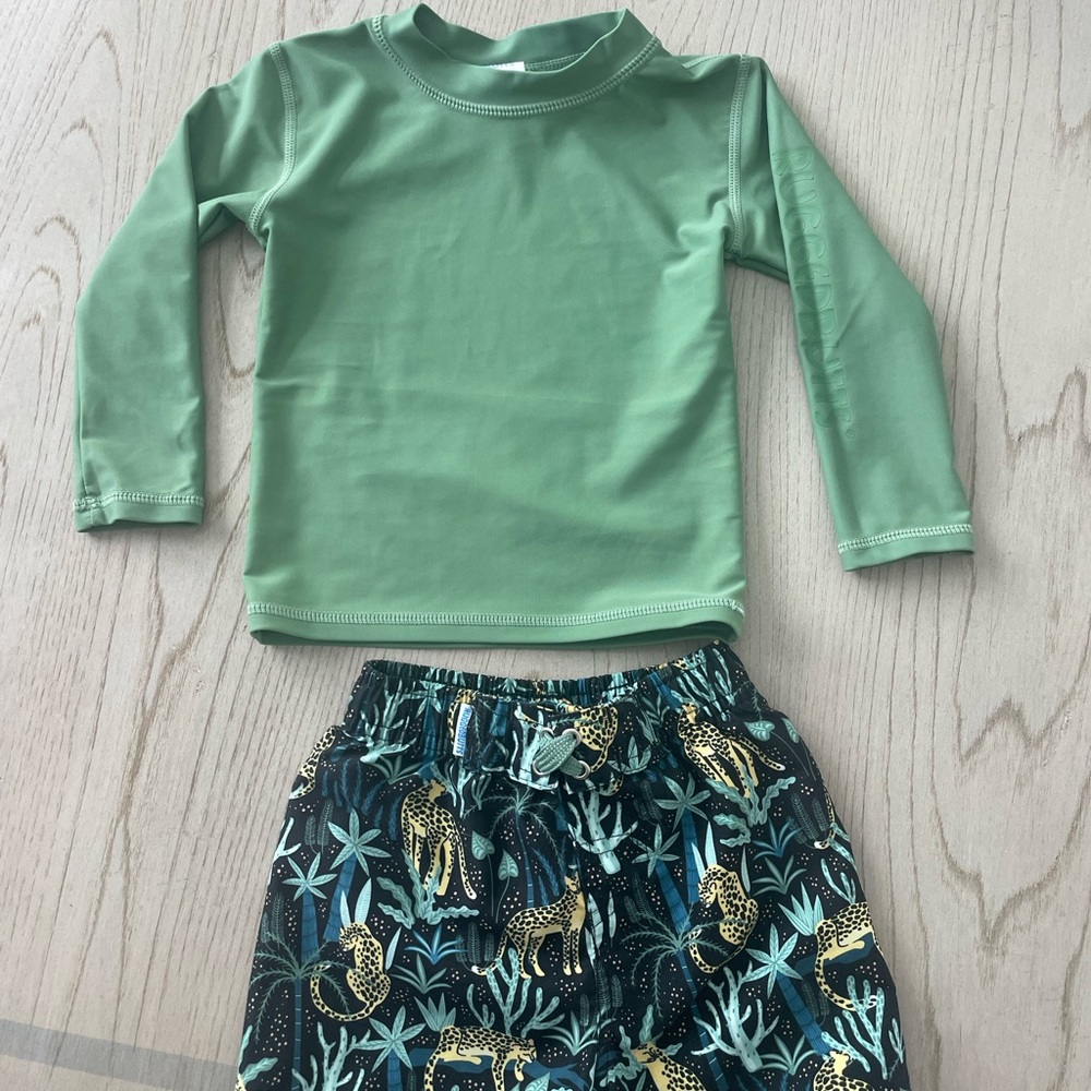 RUFFLEBUTTS JUNGLE PRINT SWIMSUIT AND RASH GUARD